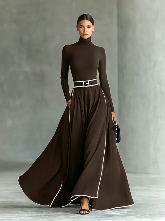 Gina | Vestido maxi negro con costuras blancas y cuello alto