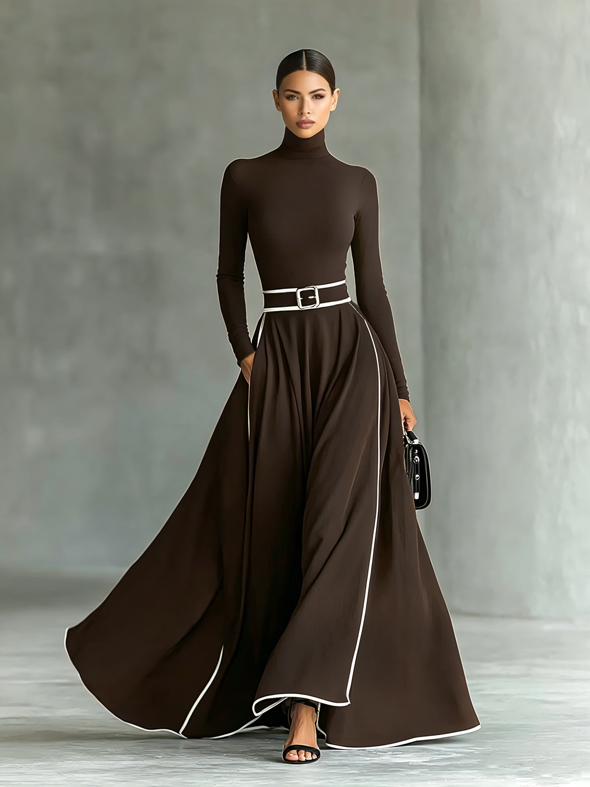 Gina | Vestido maxi negro con costuras blancas y cuello alto