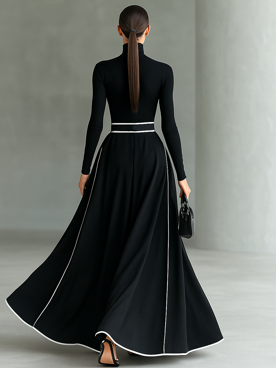 Gina | Vestido maxi negro con costuras blancas y cuello alto