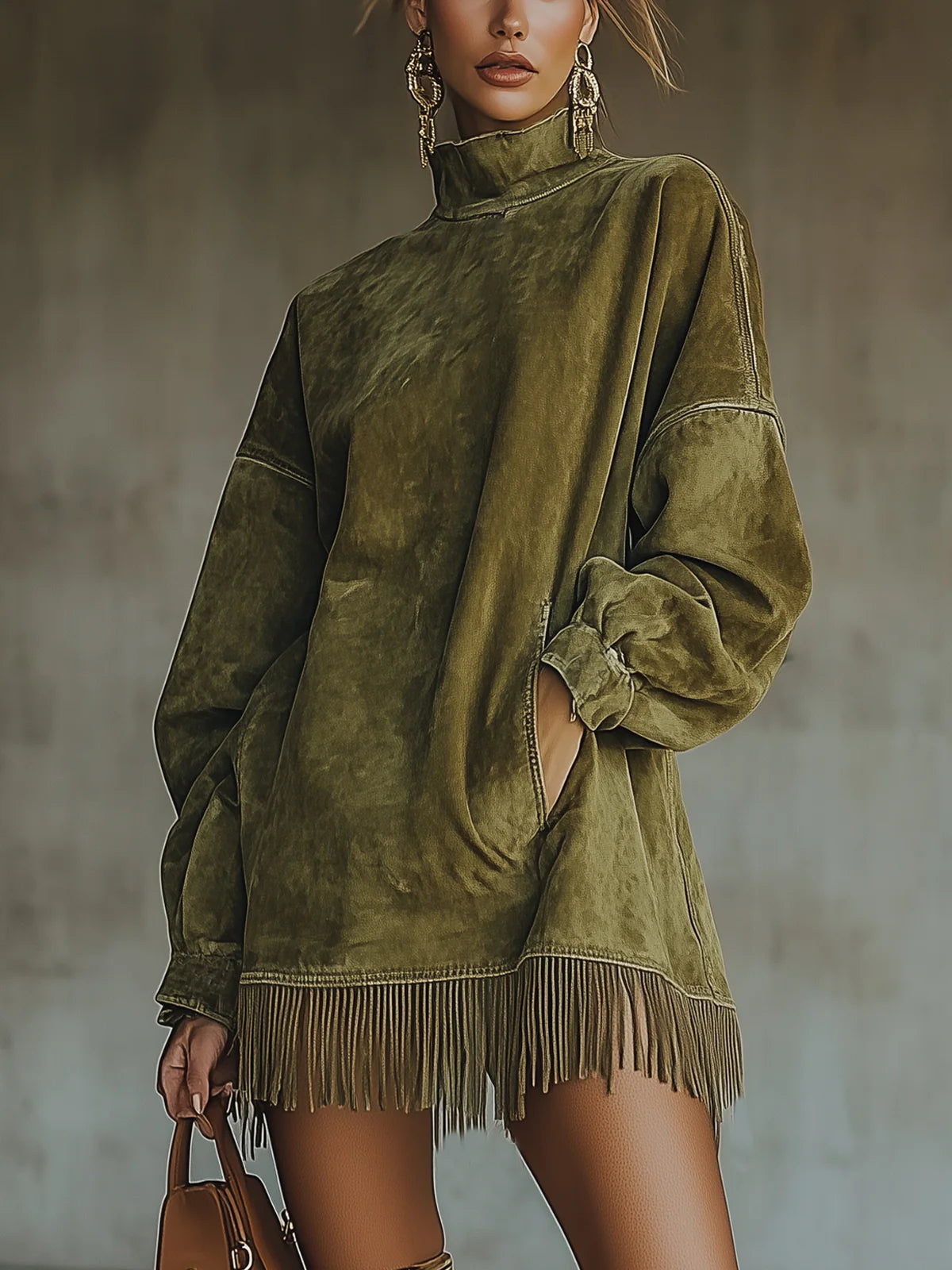 Susanna | Vestido de otoño con flecos y cuello alto