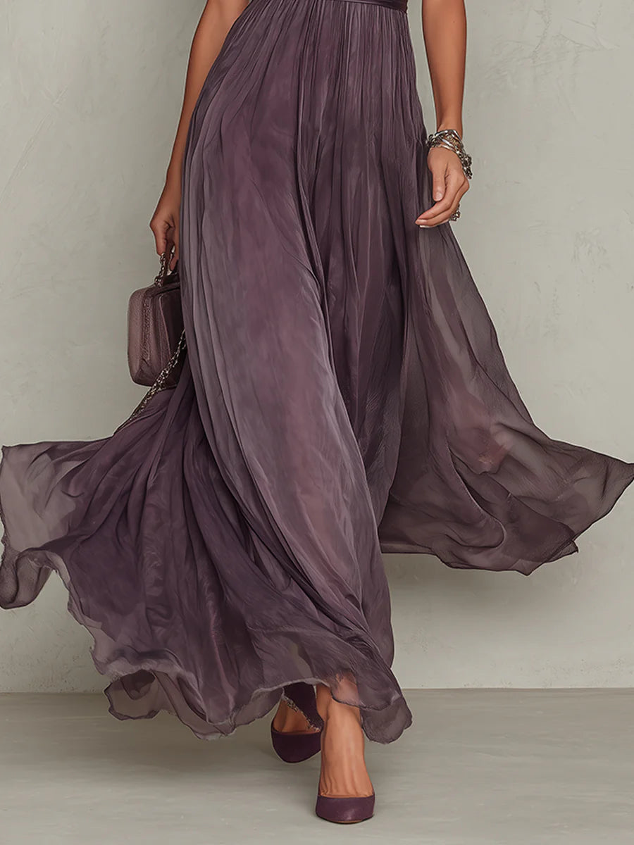 Prunelle · Vestido Maxi de Muselina Violeta con Cuello Corazón y Ribete de Encaje