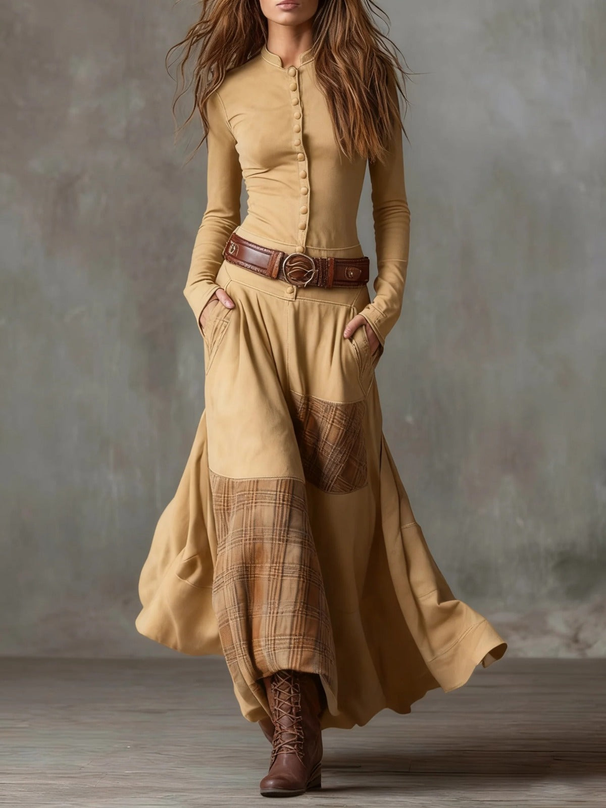 Livia | Vestido maxi efecto ante con cinturón
