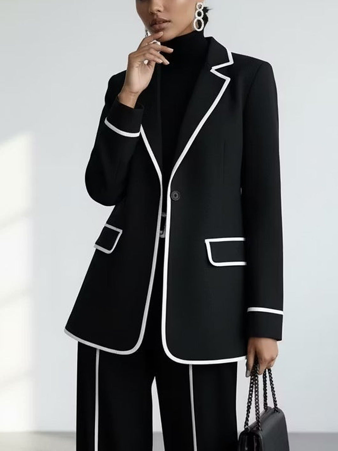 Clementina | Conjunto Blazer y Pantalón con Ribetes en Contraste, Negro