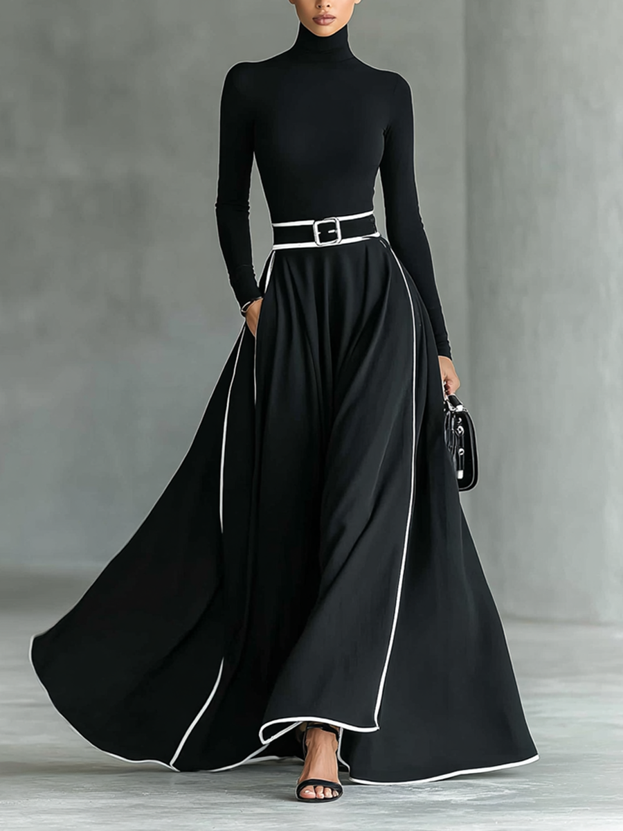 Gina | Vestido maxi negro con costuras blancas y cuello alto