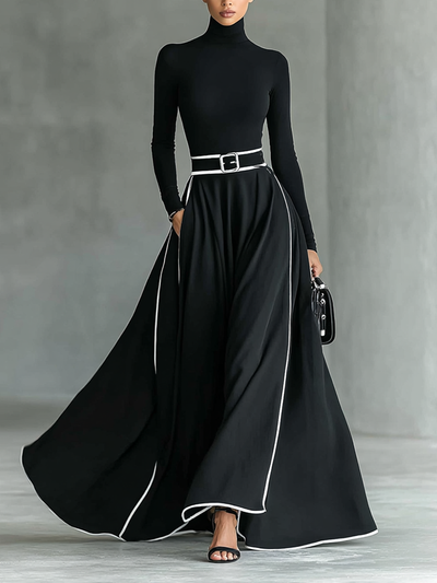 Gina | Vestido maxi negro con costuras blancas y cuello alto