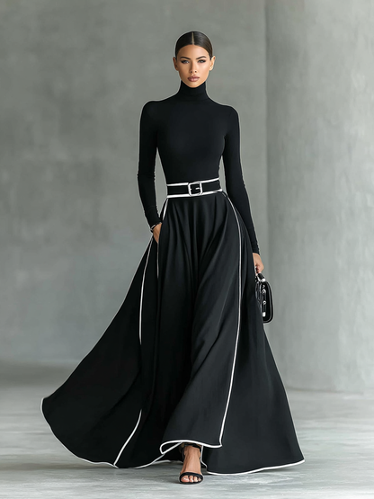 Gina | Vestido maxi negro con costuras blancas y cuello alto