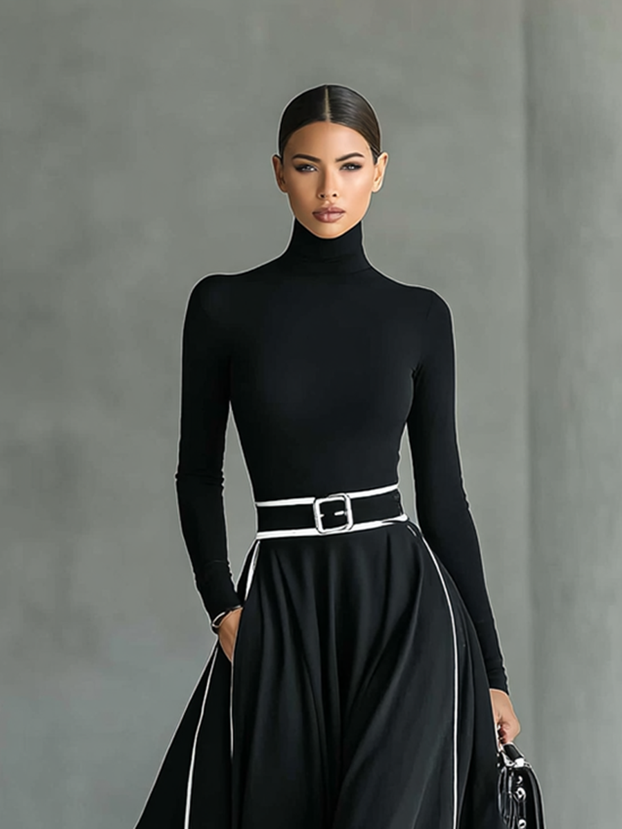 Gina | Vestido maxi negro con costuras blancas y cuello alto