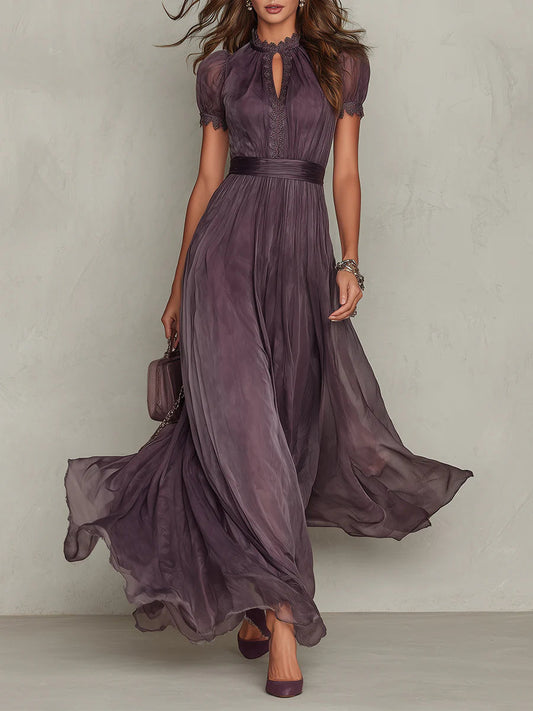 Prunelle · Vestido Maxi de Muselina Violeta con Cuello Corazón y Ribete de Encaje