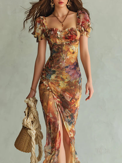 Clémentine · Vestido Largo de Gasa Naranja con Estampado Pictórico Bohemio