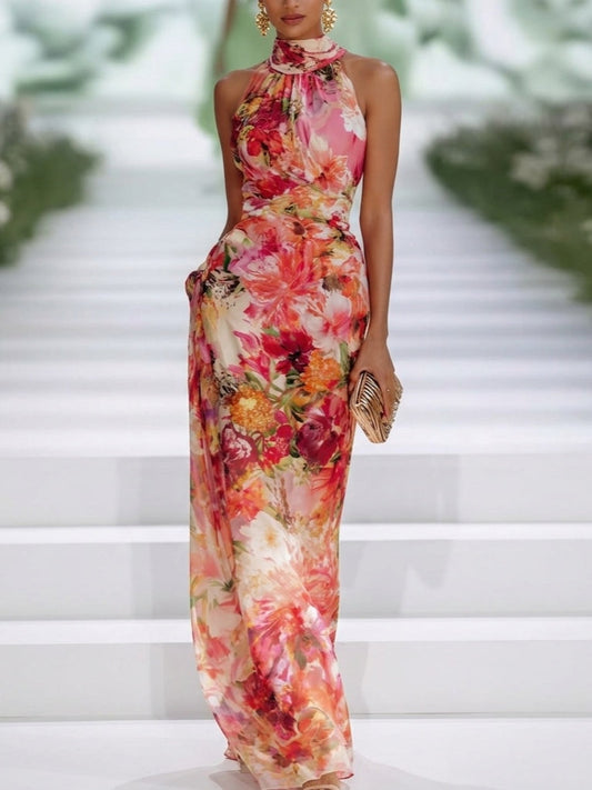 Cerise · Vestido Largo de Gasa Roja con Cuello Halter y Estampado Floral