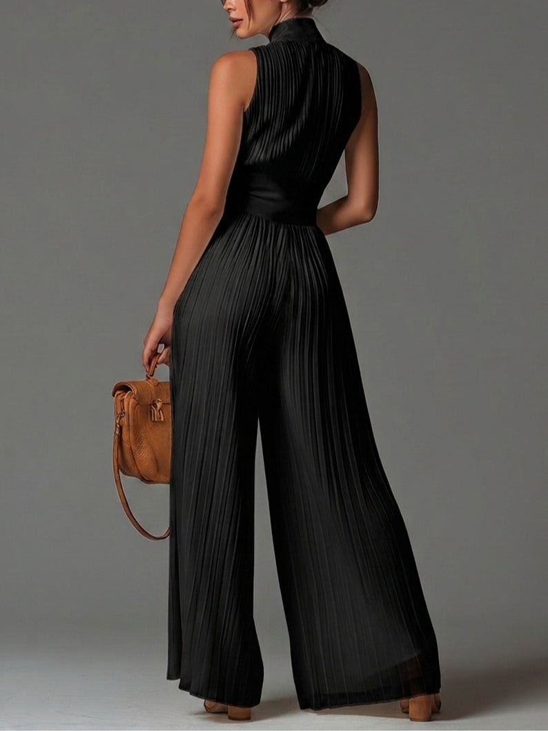 Mélaine · Mono Negro de Gasa con Cremallera y Pantalón Palazzo Plisado