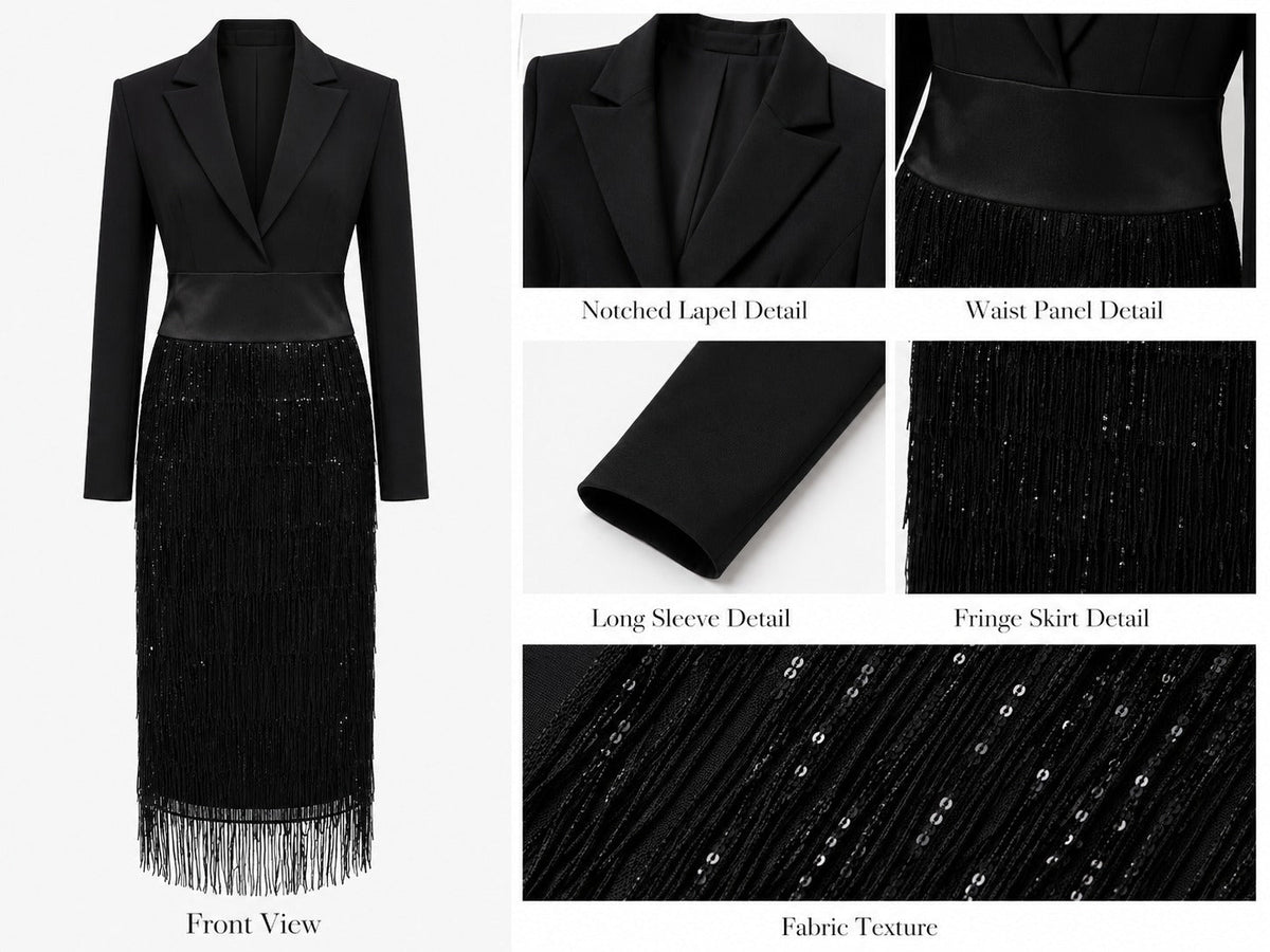 Jimena | Vestido midi negro con cuerpo estilo blazer, lentejuelas y flecos