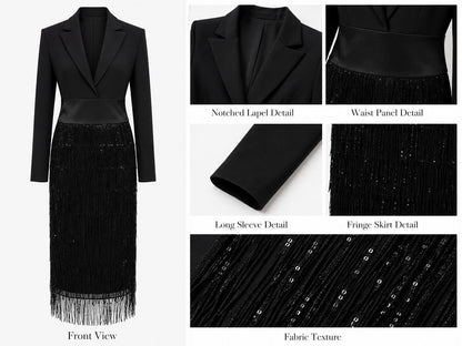 Jimena | Vestido midi negro con cuerpo estilo blazer, lentejuelas y flecos