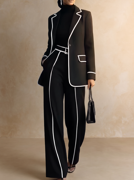 Clementina | Conjunto Blazer y Pantalón con Ribetes en Contraste, Negro